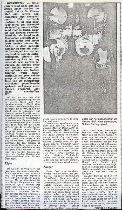 Golden Earring newspaper article Beverwijk show announcement March 02, 1980